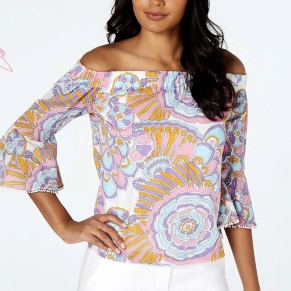 Trina Turk Healdsburg off-the-shoulder top with floral print and pom-pom trim